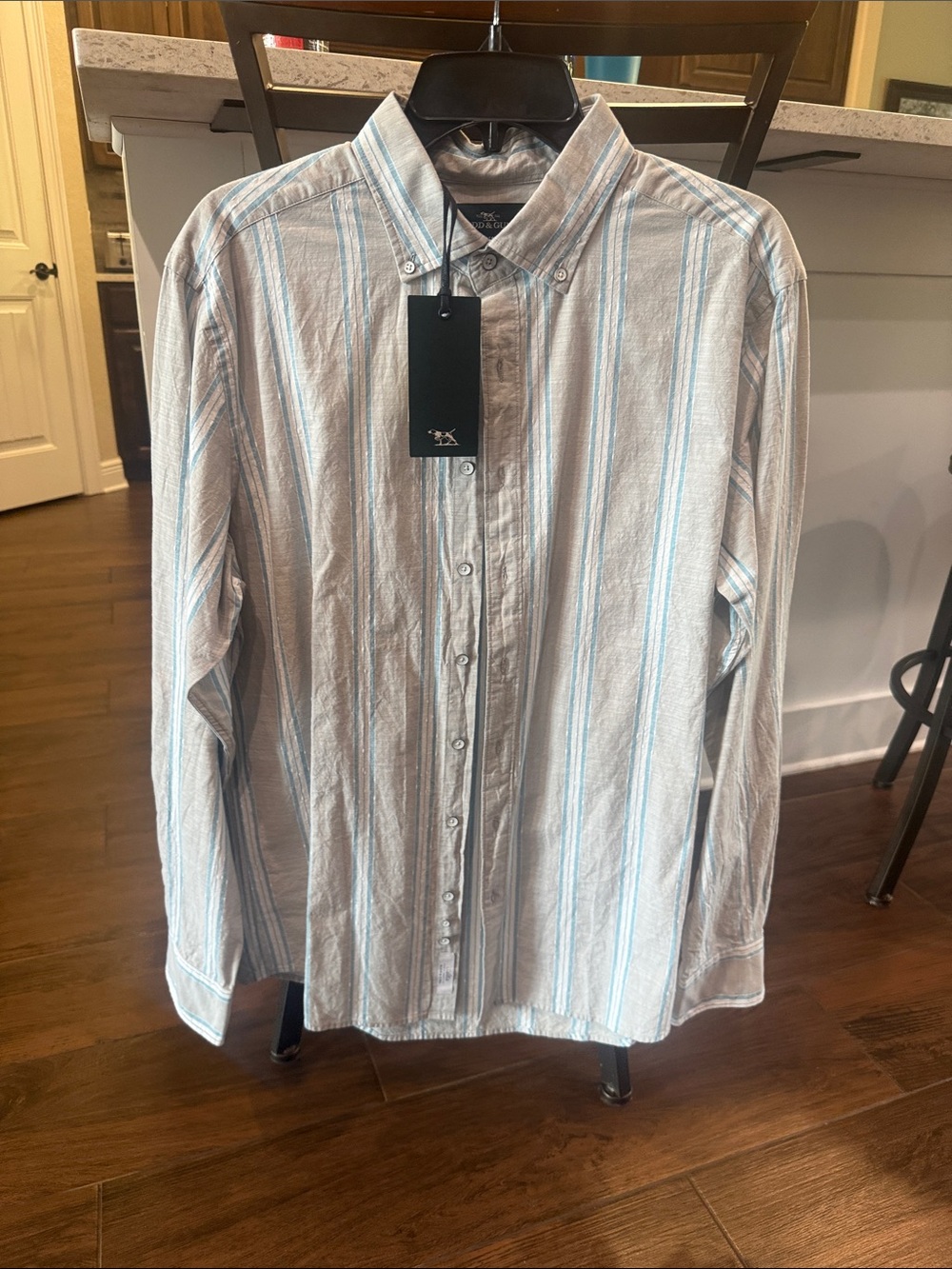 Rodd & Gunn Light Gray Button-Down Shirt with Blue Stripes